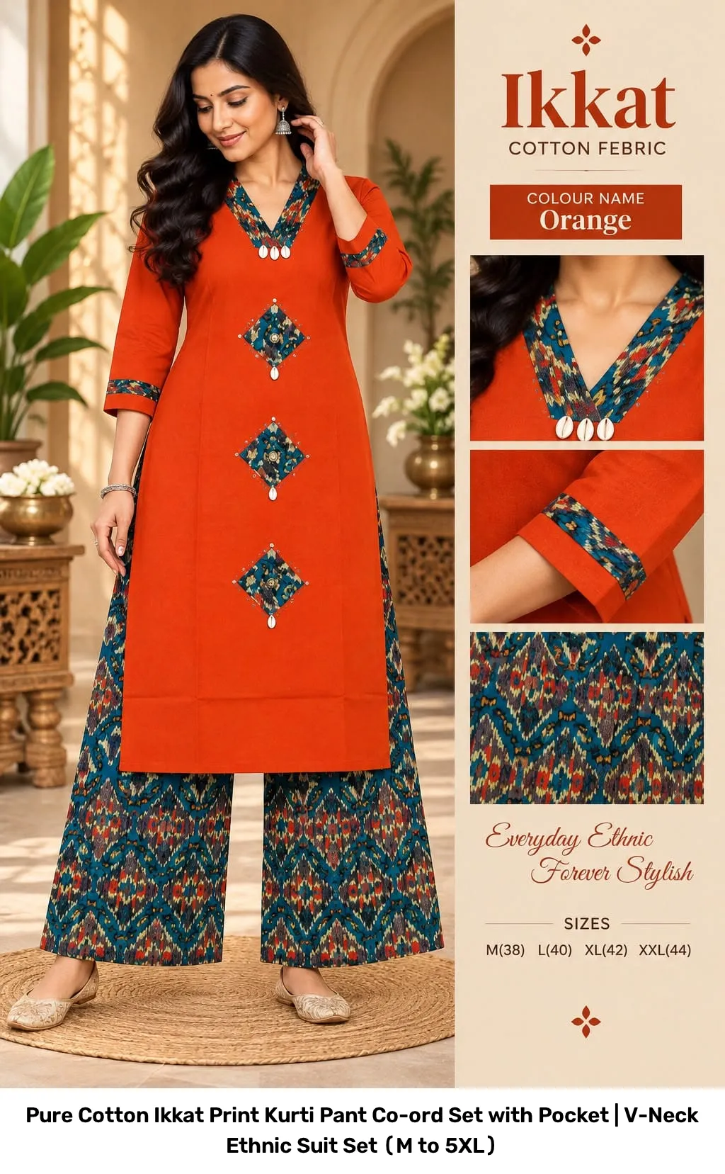 Pure Cotton Ikkat Print Kurti Pant Co-ord Set with Pocket | V-Neck Ethnic Suit Set (M to 5XL) 2