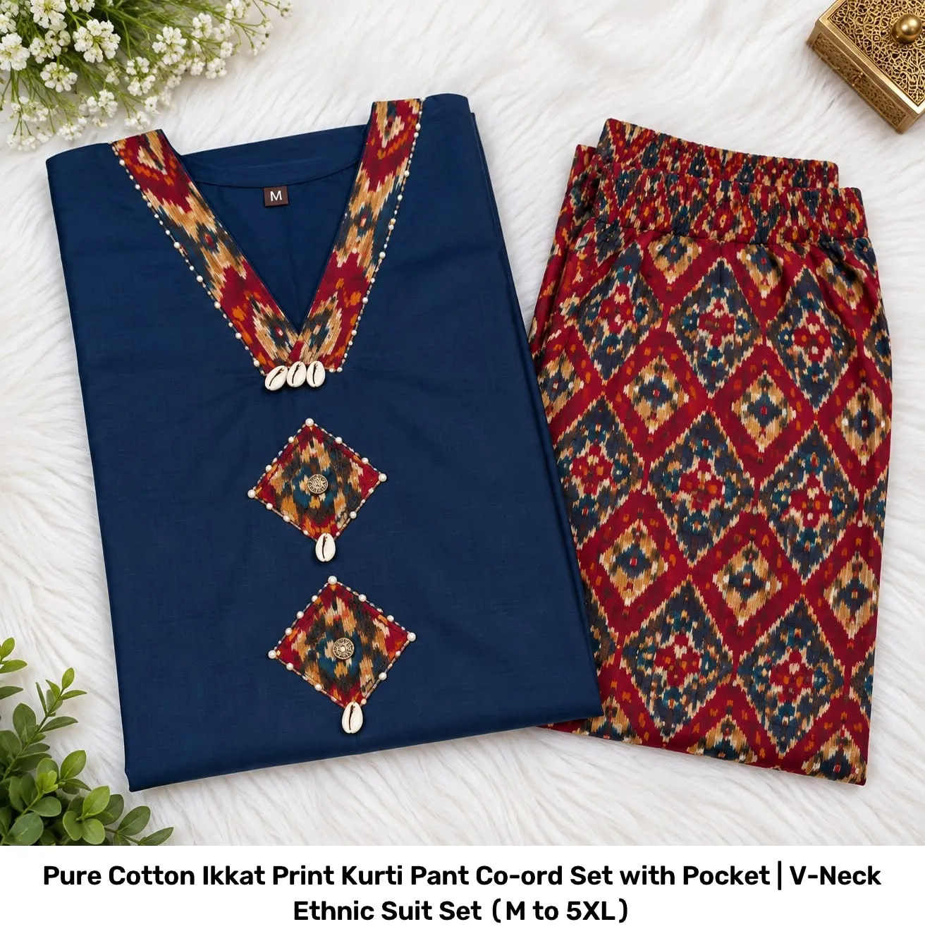 Pure Cotton Ikkat Print Kurti Pant Co-ord Set with Pocket | V-Neck Ethnic Suit Set (M to 5XL) 3
