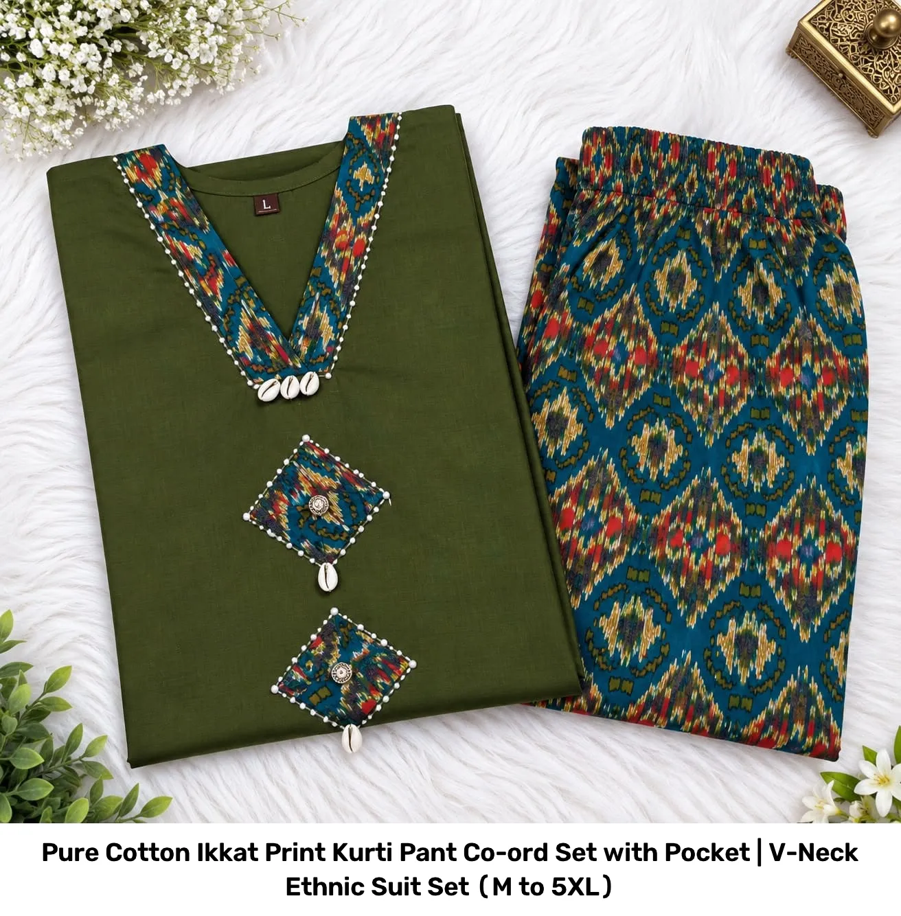 Pure Cotton Ikkat Print Kurti Pant Co-ord Set with Pocket | V-Neck Ethnic Suit Set (M to 5XL) 4