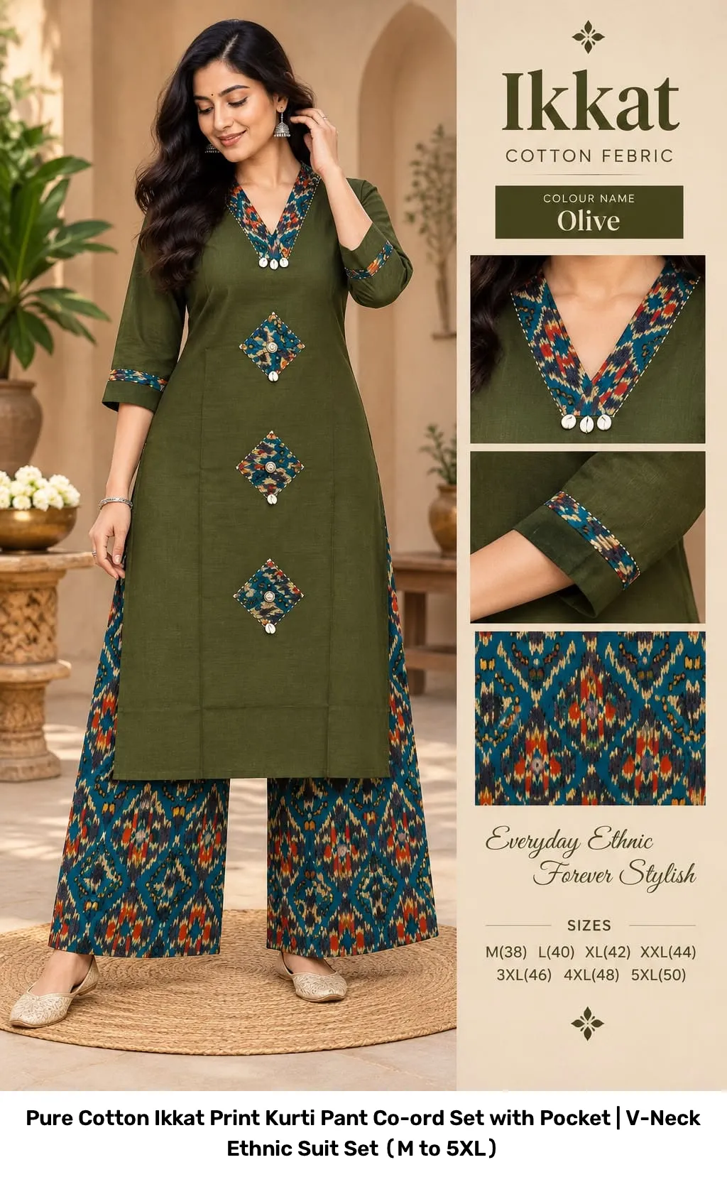 Pure Cotton Ikkat Print Kurti Pant Co-ord Set with Pocket | V-Neck Ethnic Suit Set (M to 5XL) 5