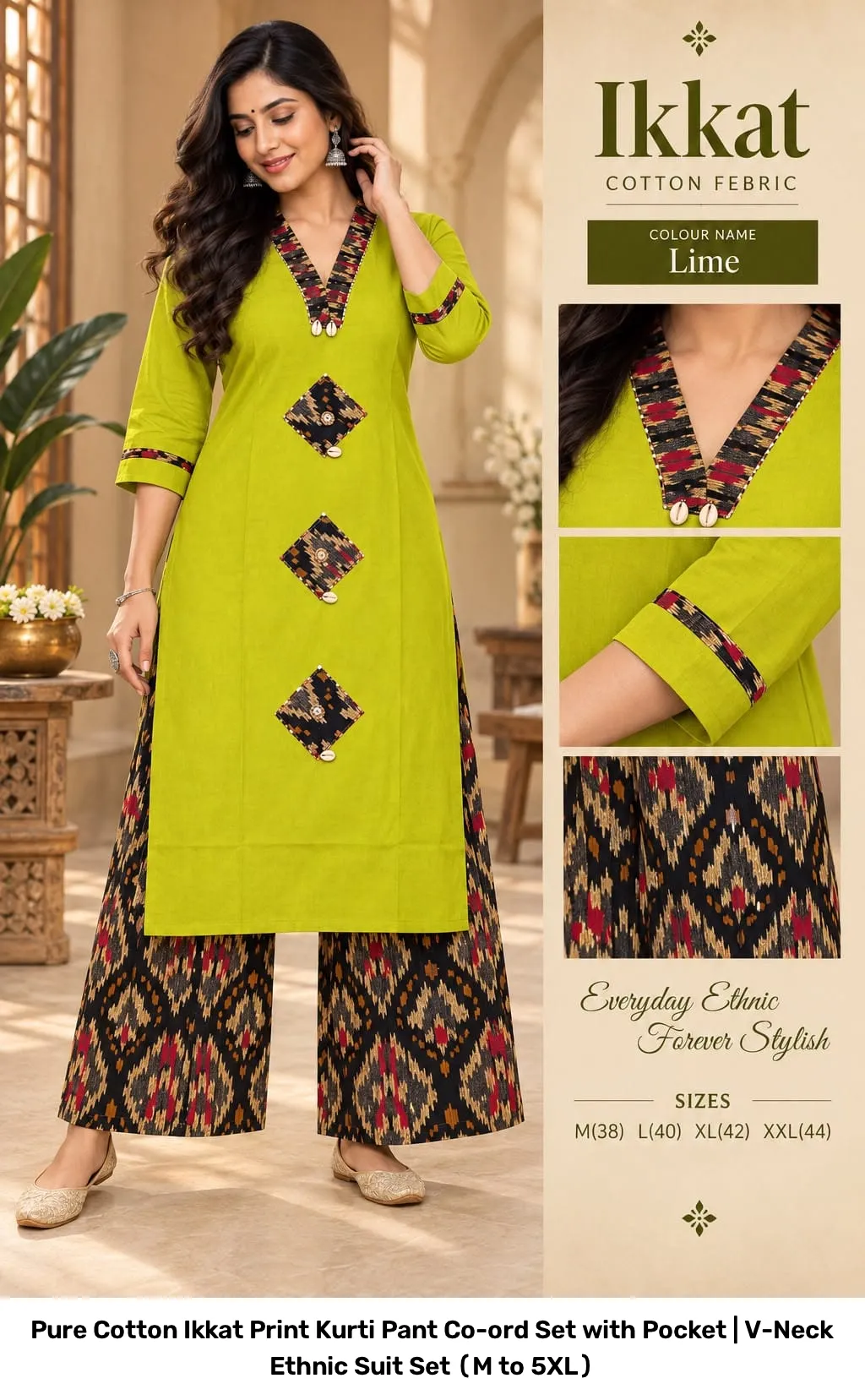Pure Cotton Ikkat Print Kurti Pant Co-ord Set with Pocket | V-Neck Ethnic Suit Set (M to 5XL) 6