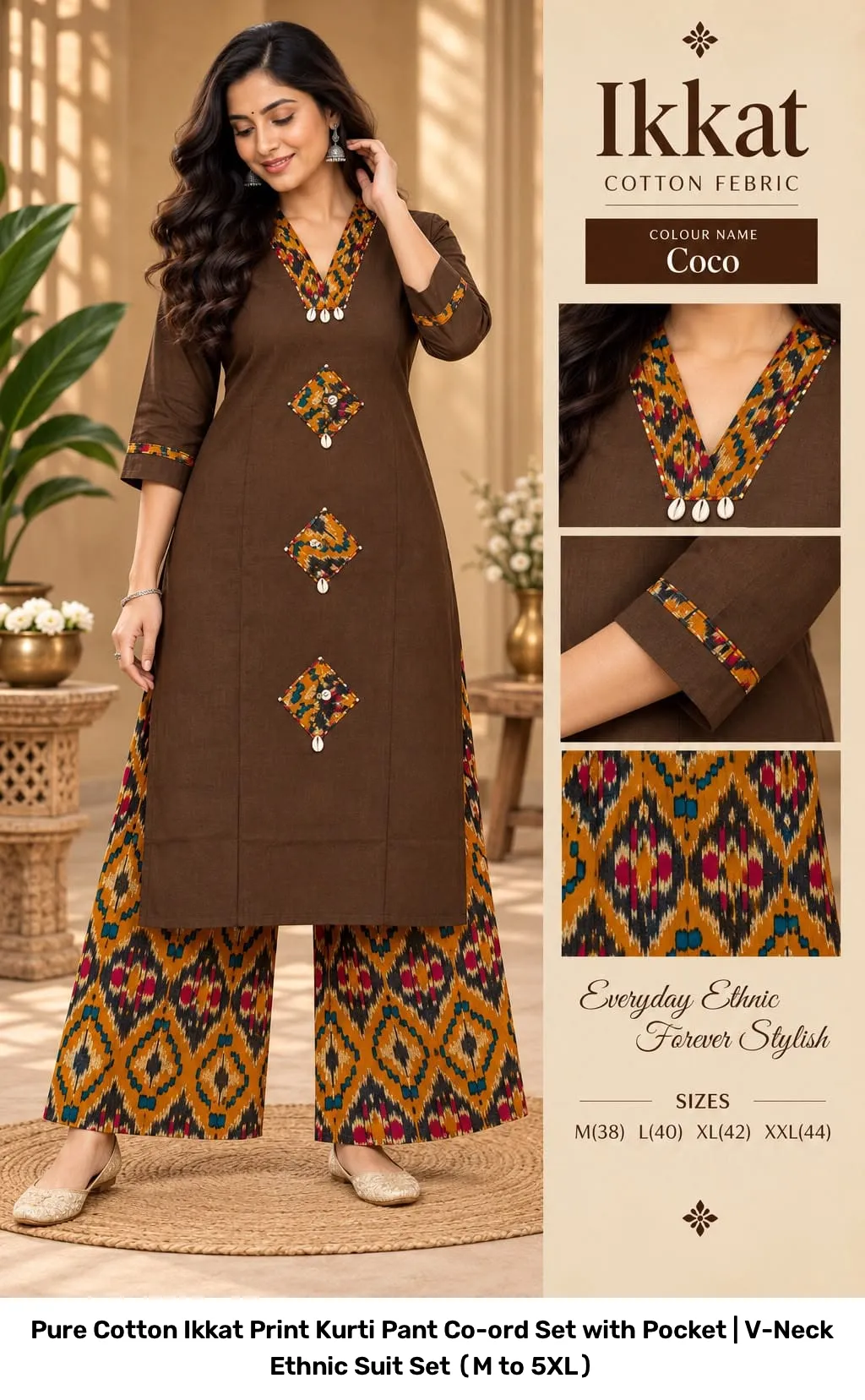 Pure Cotton Ikkat Print Kurti Pant Co-ord Set with Pocket | V-Neck Ethnic Suit Set (M to 5XL) 7
