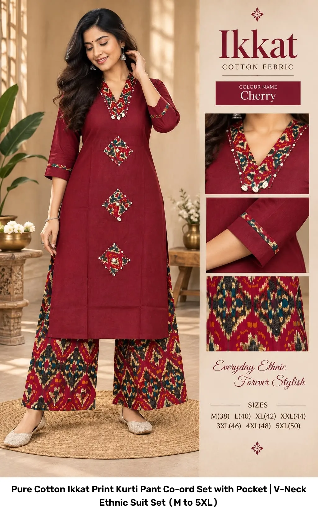 Pure Cotton Ikkat Print Kurti Pant Co-ord Set with Pocket | V-Neck Ethnic Suit Set (M to 5XL) 8