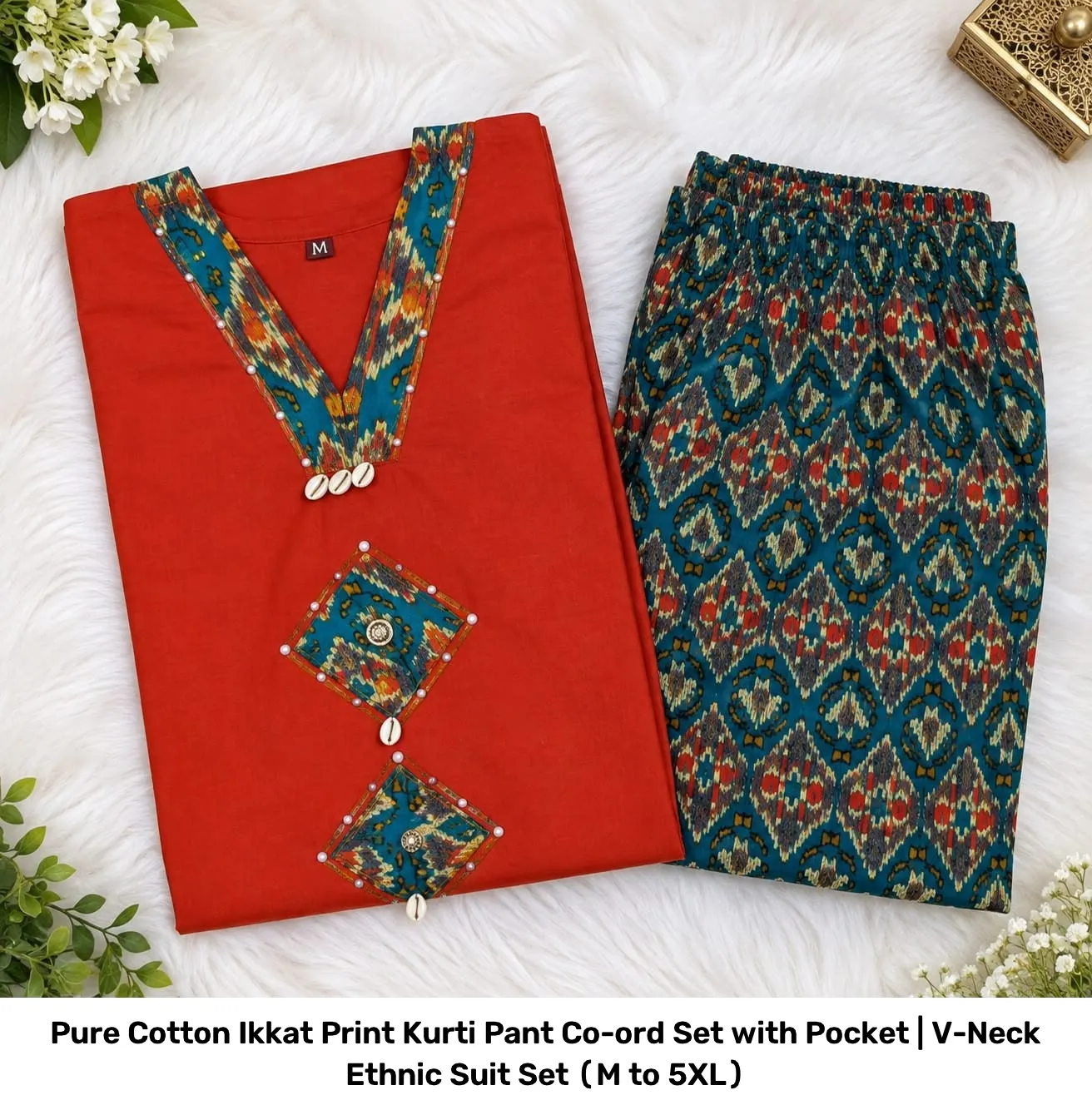 Pure Cotton Ikkat Print Kurti Pant Co-ord Set with Pocket | V-Neck Ethnic Suit Set (M to 5XL) 9