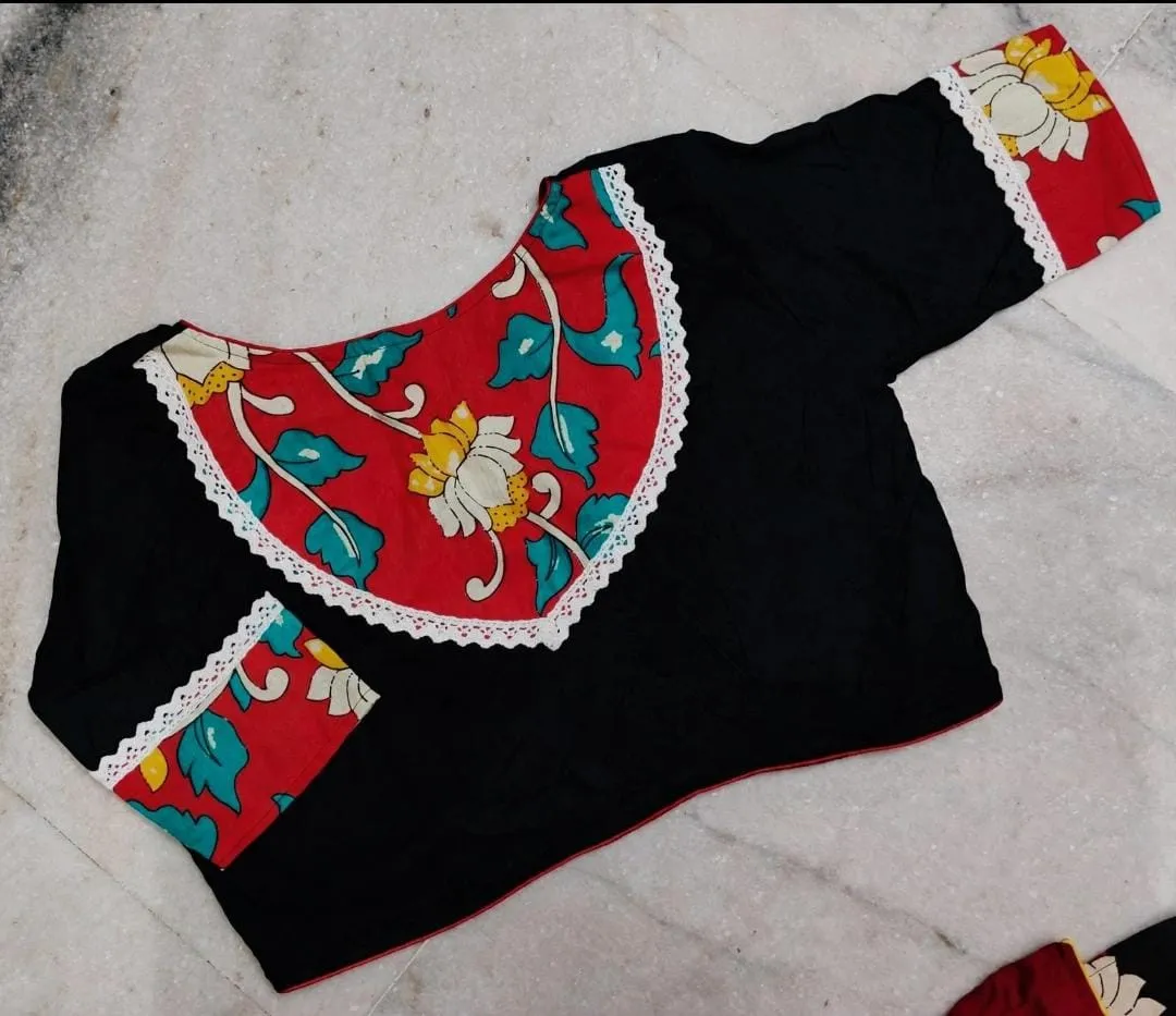 Pure Cotton Kalamkari Patchwork Readymade Saree Blouse with Lace Border | Front Open Alterable Blouse (32-44)