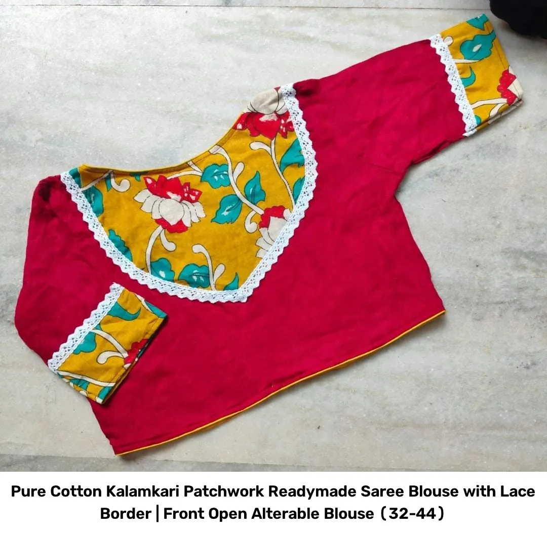 Pure Cotton Kalamkari Patchwork Readymade Saree Blouse with Lace Border | Front Open Alterable Blouse (32-44) 2