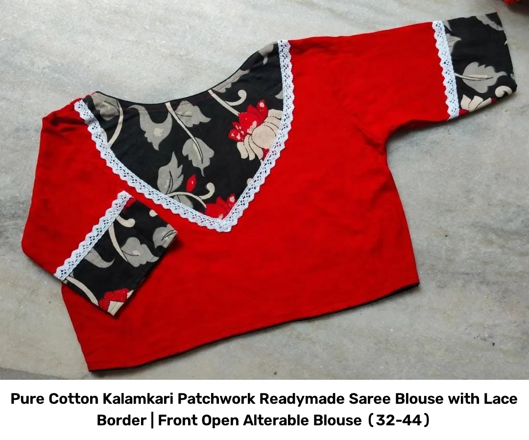 Pure Cotton Kalamkari Patchwork Readymade Saree Blouse with Lace Border | Front Open Alterable Blouse (32-44) 3