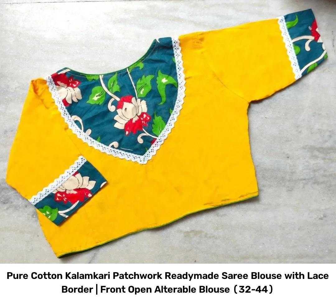Pure Cotton Kalamkari Patchwork Readymade Saree Blouse with Lace Border | Front Open Alterable Blouse (32-44) 4