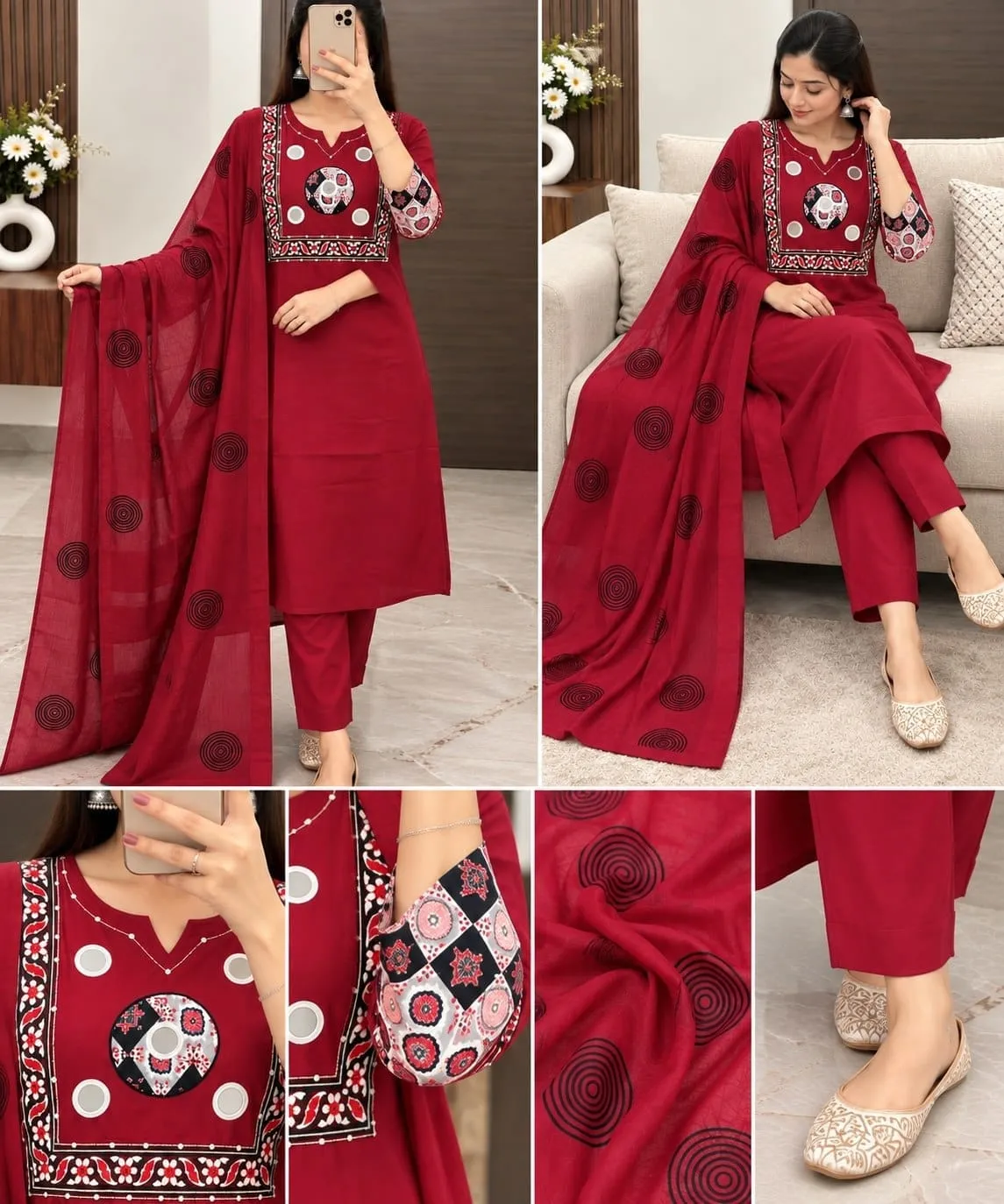 Pure Cotton Kurti Pant with Dupatta Set | Real Mirror Hand Work Maroon Block Print 3-Piece Suit Set with Cotton Lining