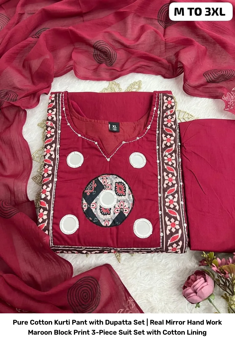 Pure Cotton Kurti Pant with Dupatta Set | Real Mirror Hand Work Maroon Block Print 3-Piece Suit Set with Cotton Lining 2