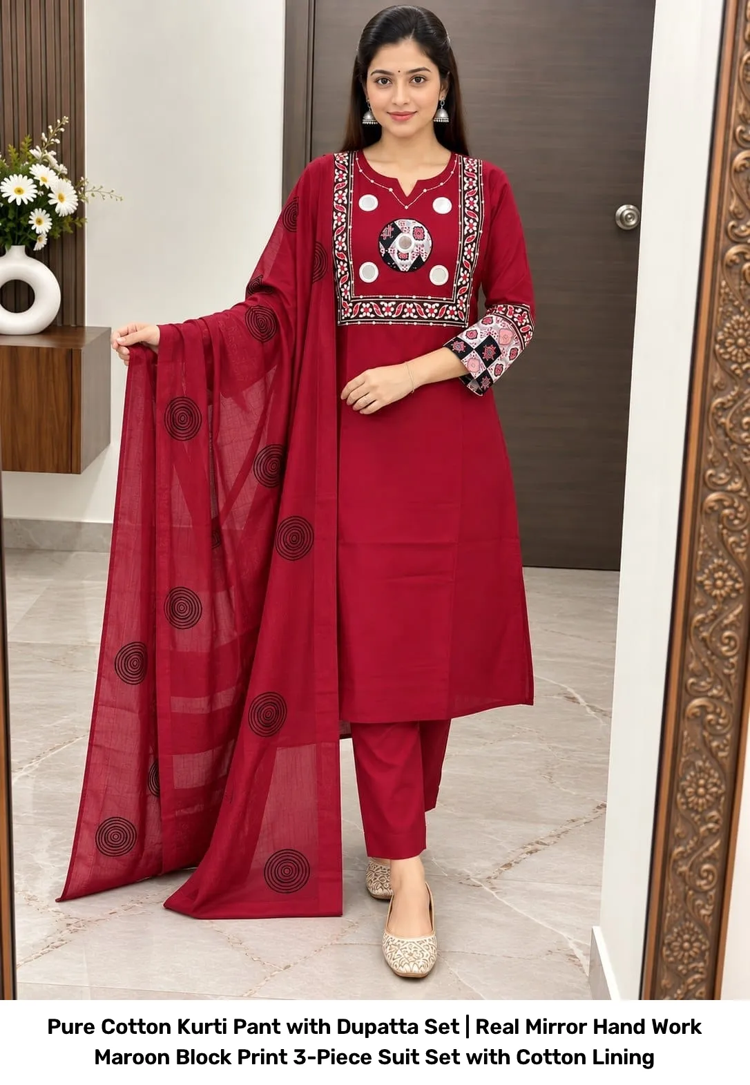 Pure Cotton Kurti Pant with Dupatta Set | Real Mirror Hand Work Maroon Block Print 3-Piece Suit Set with Cotton Lining 3