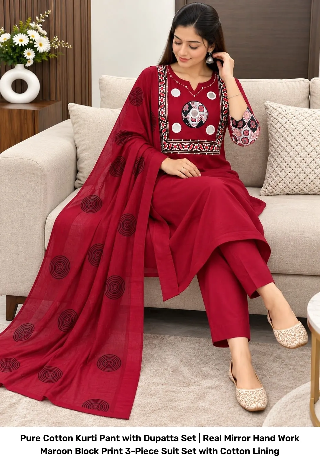 Pure Cotton Kurti Pant with Dupatta Set | Real Mirror Hand Work Maroon Block Print 3-Piece Suit Set with Cotton Lining 4
