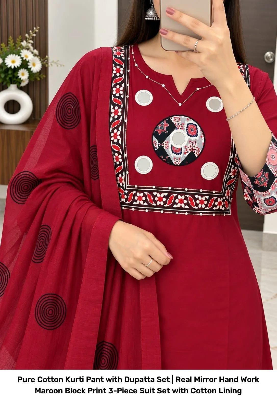 Pure Cotton Kurti Pant with Dupatta Set | Real Mirror Hand Work Maroon Block Print 3-Piece Suit Set with Cotton Lining 5
