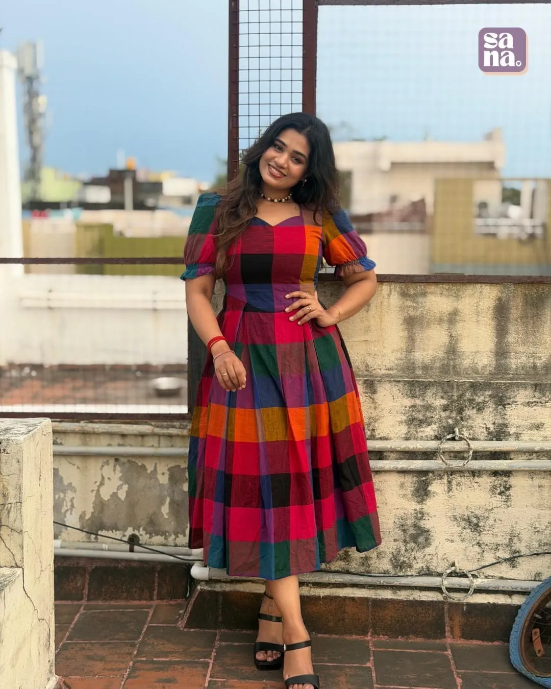 Pure Cotton Multicolor Madras Checks Midi Dress | Sweetheart Neck Flared Pleated Dress with Puff Sleeves