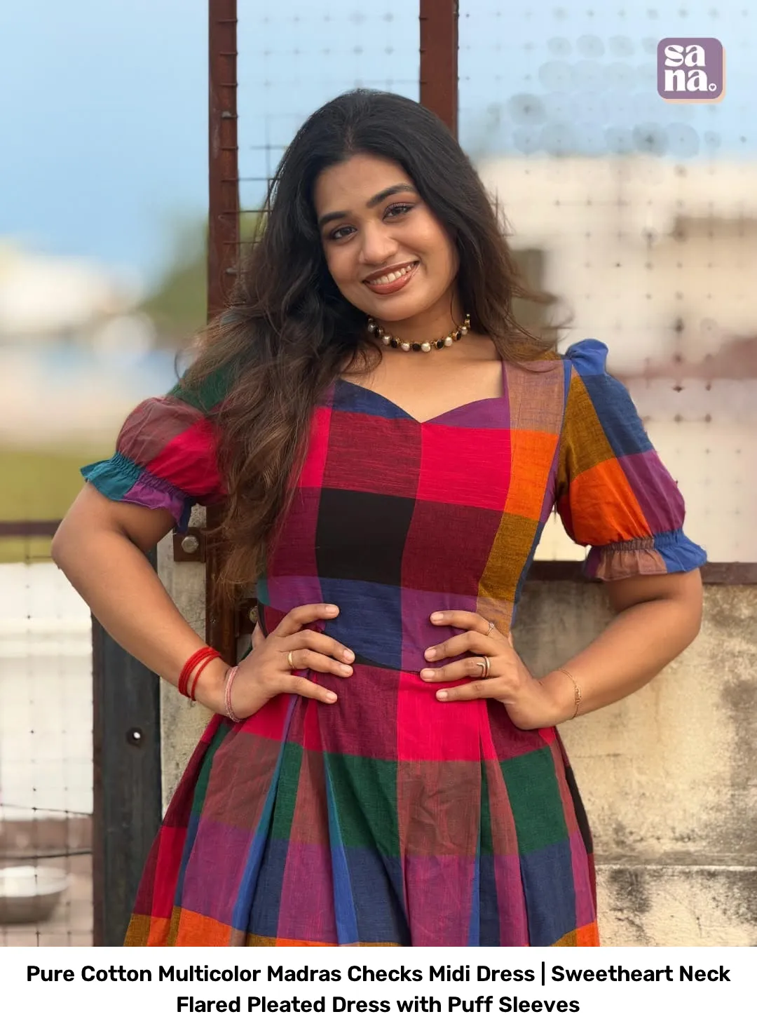 Pure Cotton Multicolor Madras Checks Midi Dress | Sweetheart Neck Flared Pleated Dress with Puff Sleeves 2