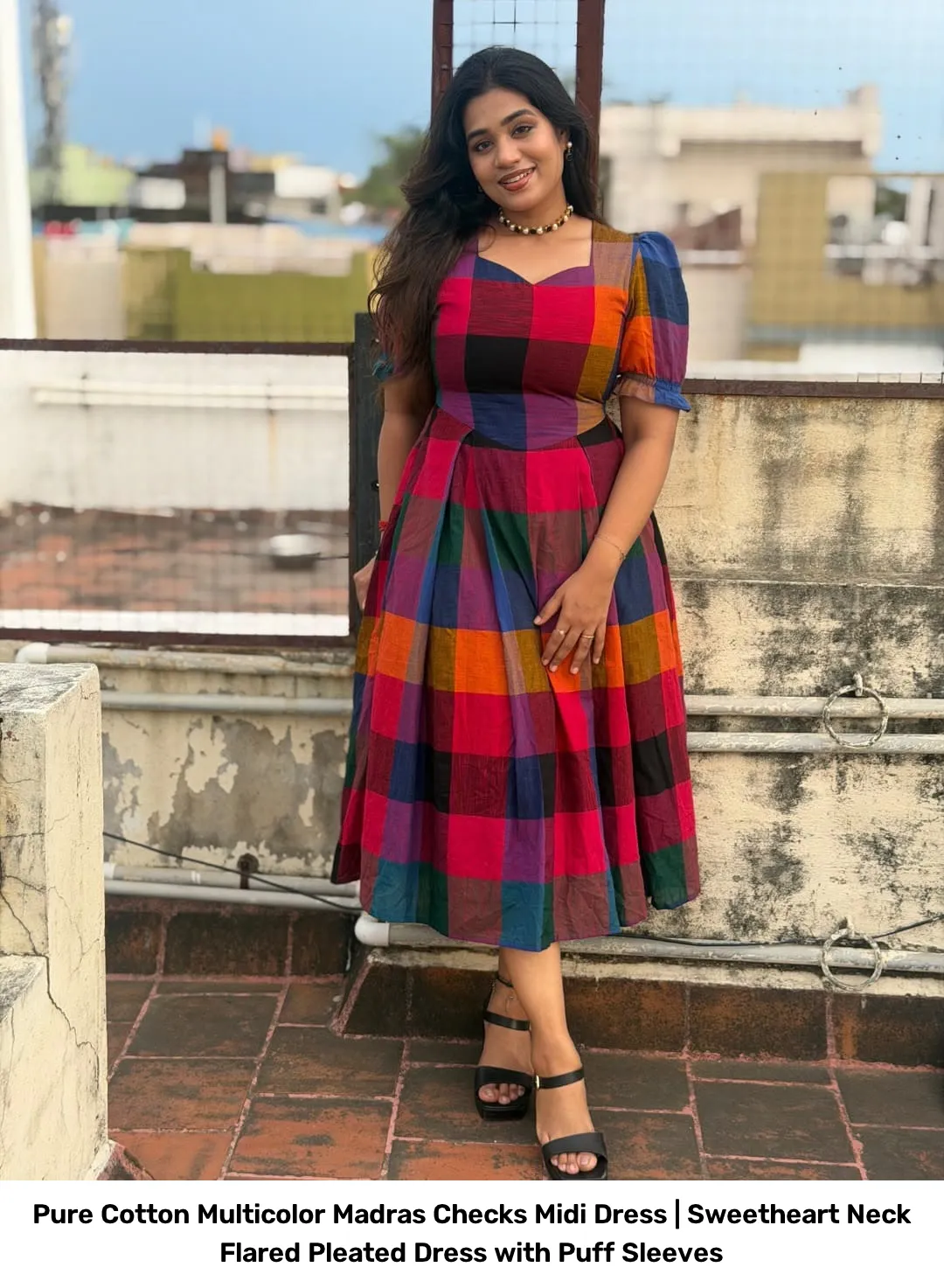 Pure Cotton Multicolor Madras Checks Midi Dress | Sweetheart Neck Flared Pleated Dress with Puff Sleeves 3