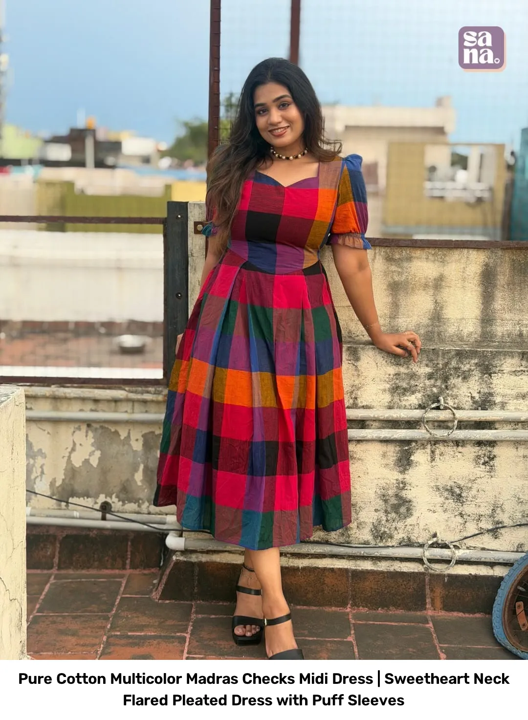 Pure Cotton Multicolor Madras Checks Midi Dress | Sweetheart Neck Flared Pleated Dress with Puff Sleeves 4
