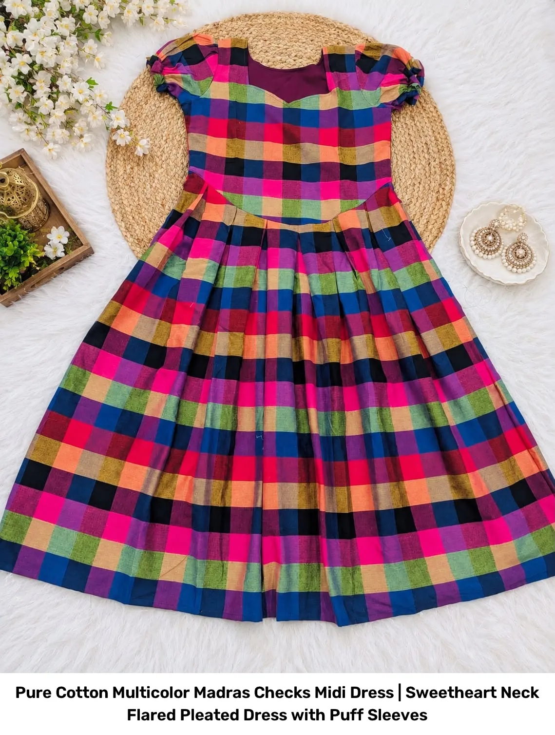 Pure Cotton Multicolor Madras Checks Midi Dress | Sweetheart Neck Flared Pleated Dress with Puff Sleeves 5