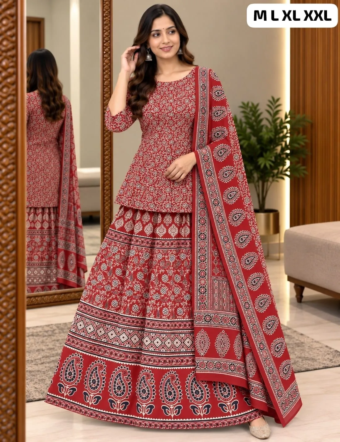 Pure Cotton Printed Gopi Dress Set for Women | Peplum Short Kurti with Flared Skirt & Dupatta 3-Piece Ethnic Suit