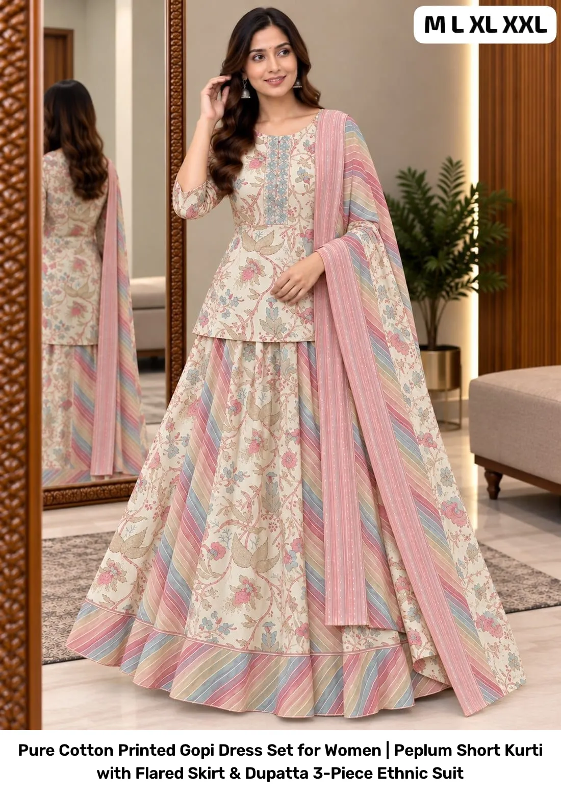 Pure Cotton Printed Gopi Dress Set for Women | Peplum Short Kurti with Flared Skirt & Dupatta 3-Piece Ethnic Suit 10