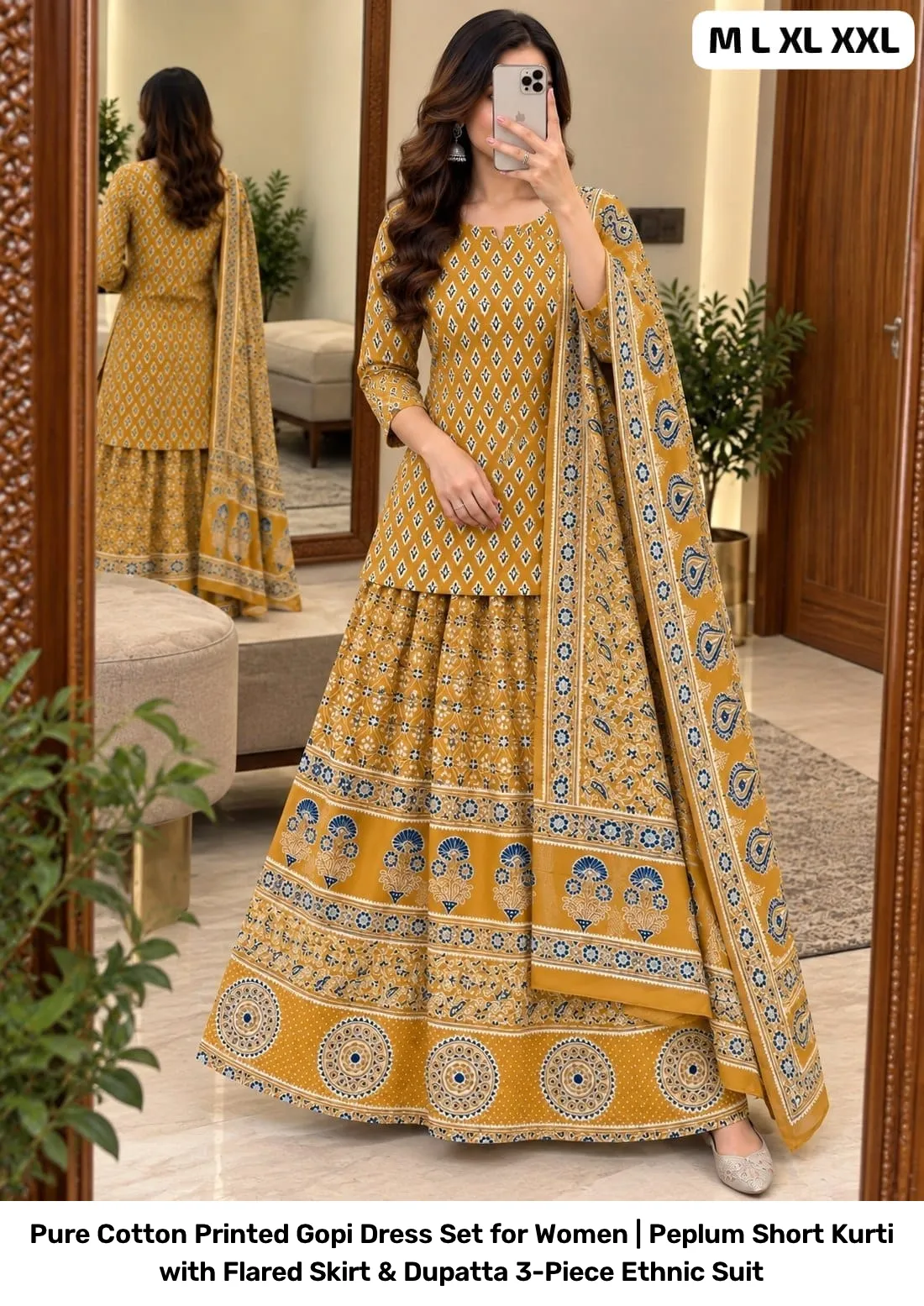 Pure Cotton Printed Gopi Dress Set for Women | Peplum Short Kurti with Flared Skirt & Dupatta 3-Piece Ethnic Suit 2