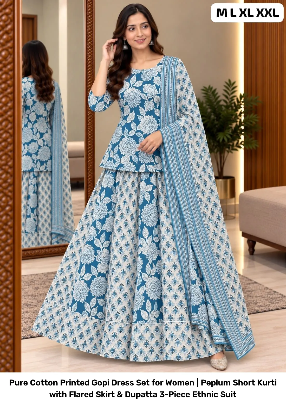 Pure Cotton Printed Gopi Dress Set for Women | Peplum Short Kurti with Flared Skirt & Dupatta 3-Piece Ethnic Suit 3