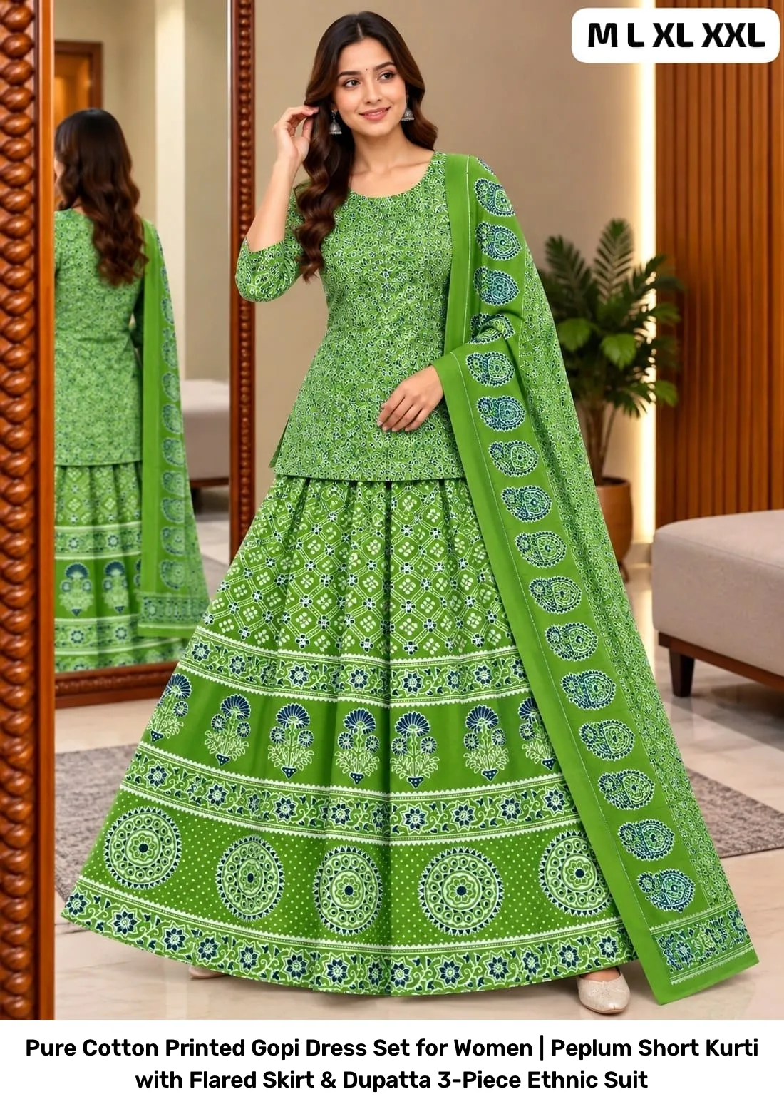 Pure Cotton Printed Gopi Dress Set for Women | Peplum Short Kurti with Flared Skirt & Dupatta 3-Piece Ethnic Suit 4