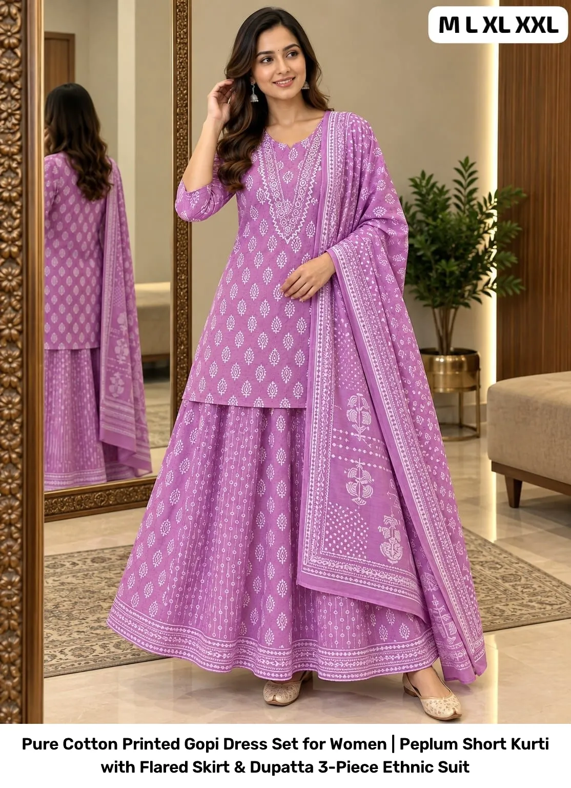 Pure Cotton Printed Gopi Dress Set for Women | Peplum Short Kurti with Flared Skirt & Dupatta 3-Piece Ethnic Suit 5