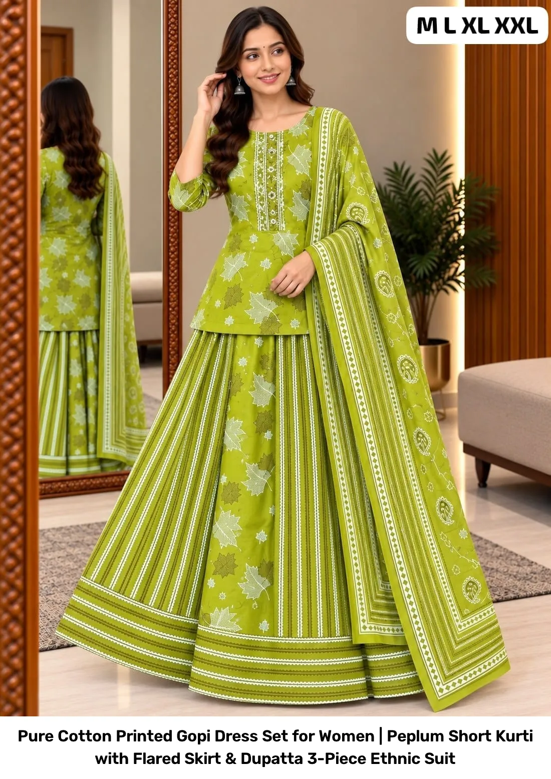 Pure Cotton Printed Gopi Dress Set for Women | Peplum Short Kurti with Flared Skirt & Dupatta 3-Piece Ethnic Suit 6