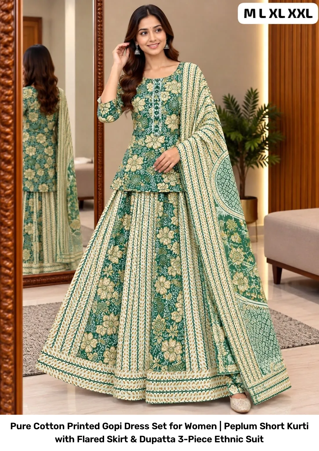 Pure Cotton Printed Gopi Dress Set for Women | Peplum Short Kurti with Flared Skirt & Dupatta 3-Piece Ethnic Suit 7