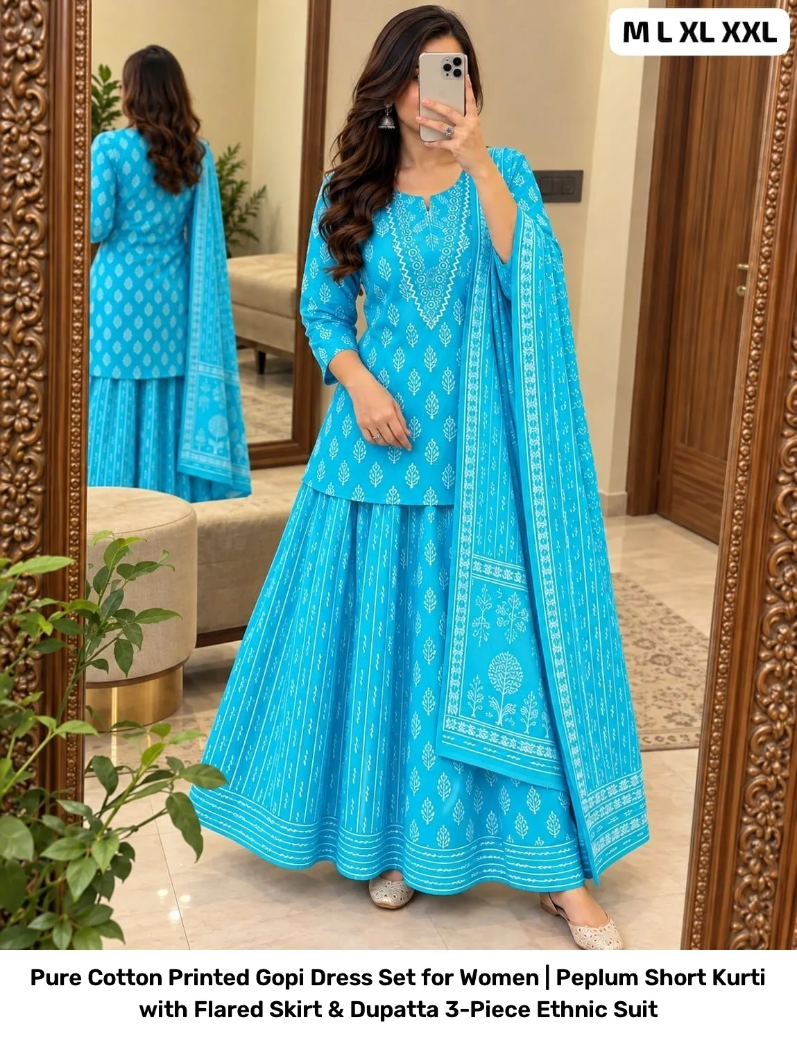 Pure Cotton Printed Gopi Dress Set for Women | Peplum Short Kurti with Flared Skirt & Dupatta 3-Piece Ethnic Suit 8
