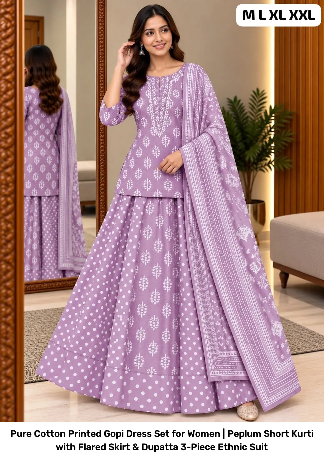 Pure Cotton Printed Gopi Dress Set for Women | Peplum Short Kurti with Flared Skirt & Dupatta 3-Piece Ethnic Suit 9
