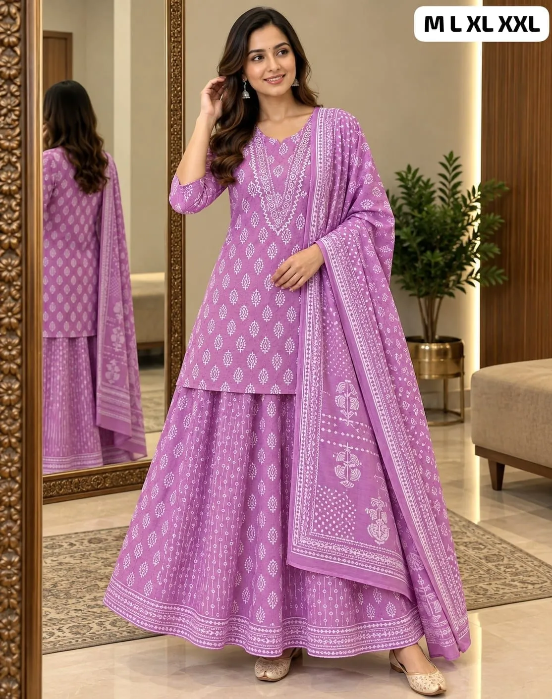 Pure Cotton Printed Kurti Skirt Set with Dupatta – Traditional Gopi Style Flared Ethnic Dress Set for Women