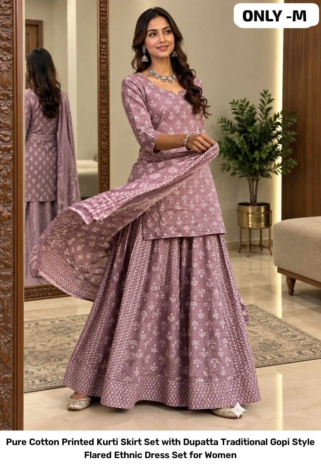 Pure Cotton Printed Kurti Skirt Set with Dupatta – Traditional Gopi Style Flared Ethnic Dress Set for Women 11