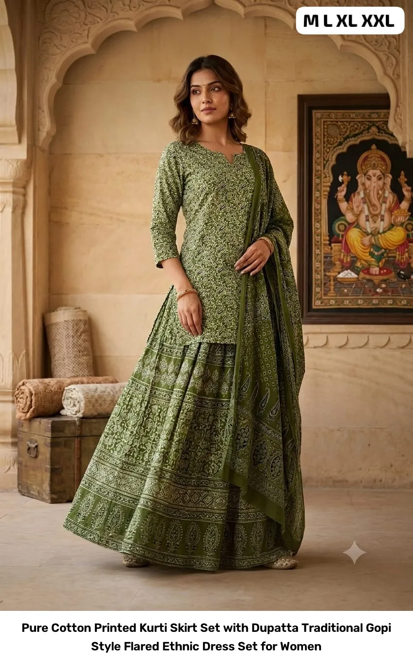 Pure Cotton Printed Kurti Skirt Set with Dupatta – Traditional Gopi Style Flared Ethnic Dress Set for Women 12