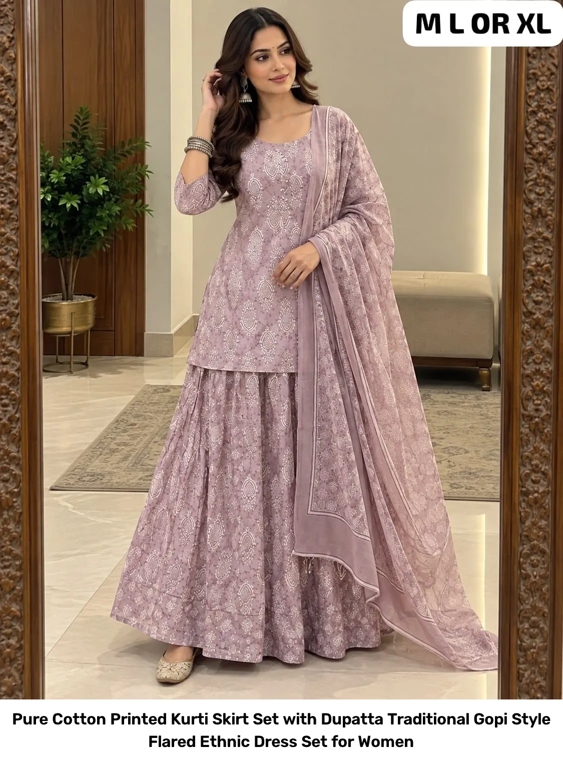 Pure Cotton Printed Kurti Skirt Set with Dupatta – Traditional Gopi Style Flared Ethnic Dress Set for Women 13