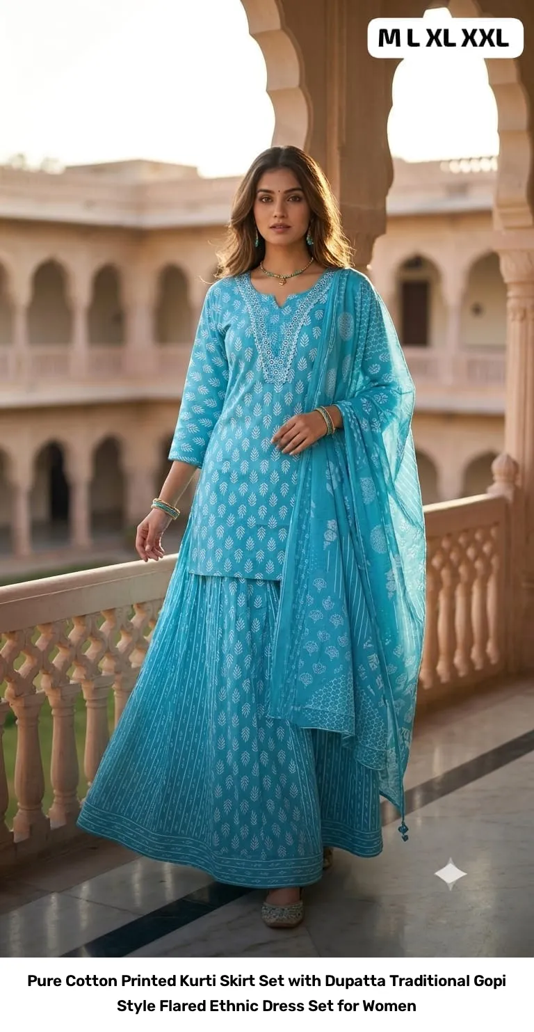 Pure Cotton Printed Kurti Skirt Set with Dupatta – Traditional Gopi Style Flared Ethnic Dress Set for Women 14