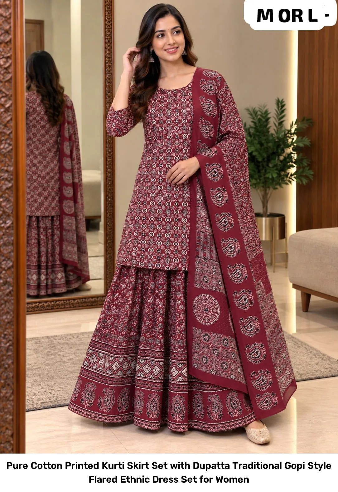 Pure Cotton Printed Kurti Skirt Set with Dupatta – Traditional Gopi Style Flared Ethnic Dress Set for Women 15