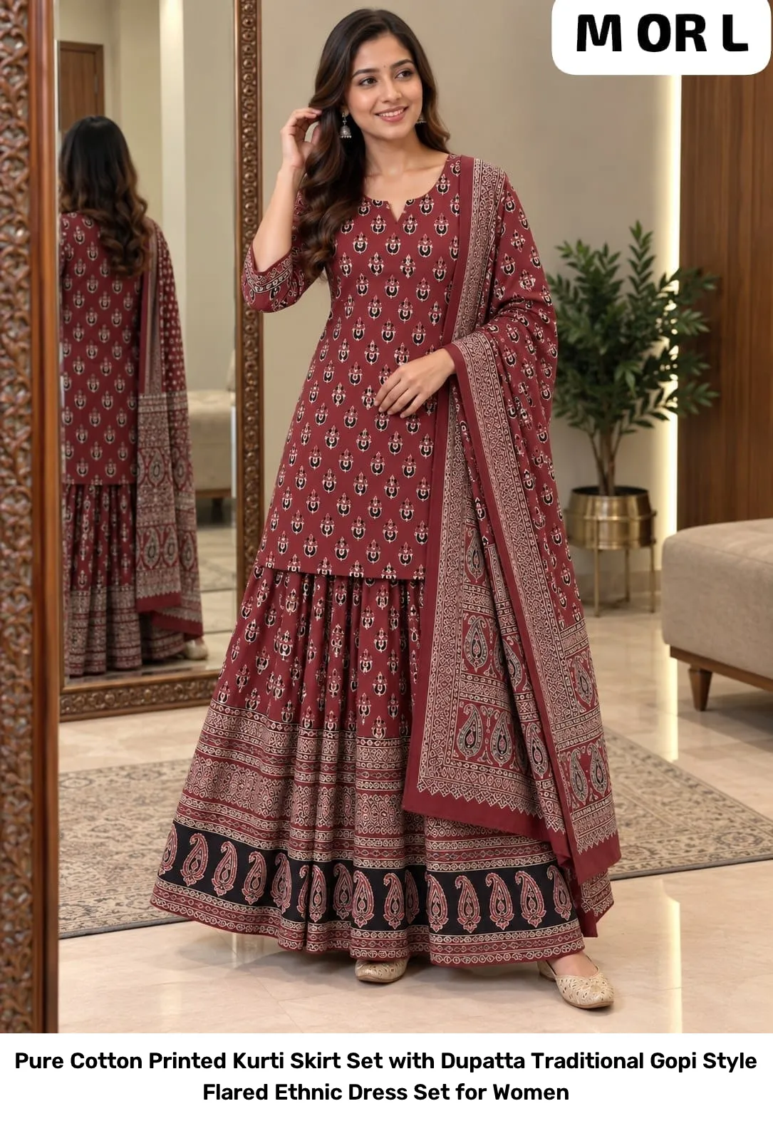 Pure Cotton Printed Kurti Skirt Set with Dupatta – Traditional Gopi Style Flared Ethnic Dress Set for Women 16