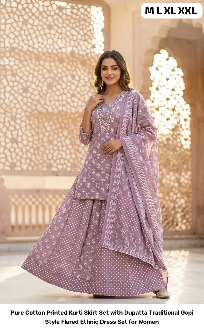 Pure Cotton Printed Kurti Skirt Set with Dupatta – Traditional Gopi Style Flared Ethnic Dress Set for Women 17