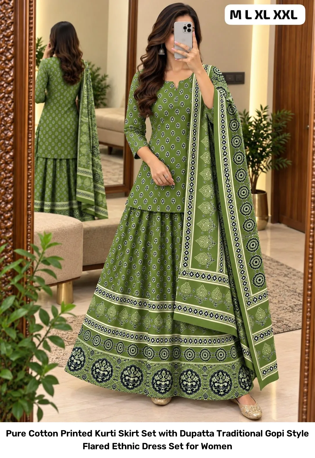Pure Cotton Printed Kurti Skirt Set with Dupatta – Traditional Gopi Style Flared Ethnic Dress Set for Women 19