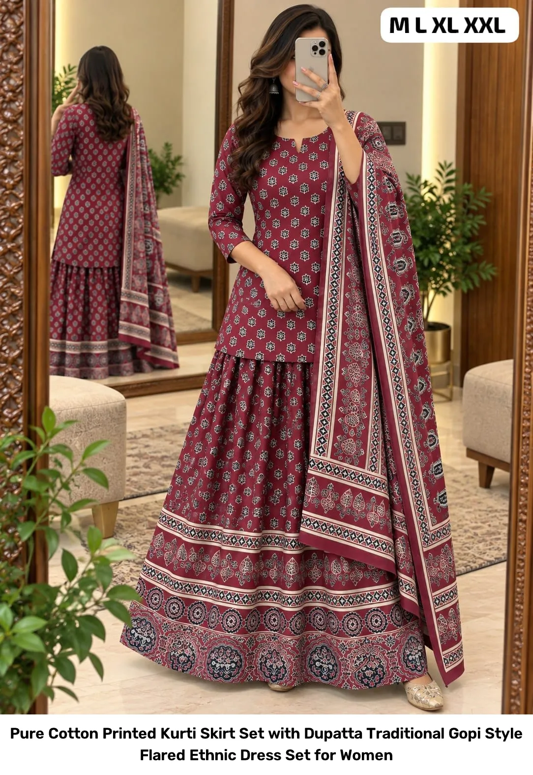 Pure Cotton Printed Kurti Skirt Set with Dupatta – Traditional Gopi Style Flared Ethnic Dress Set for Women 2