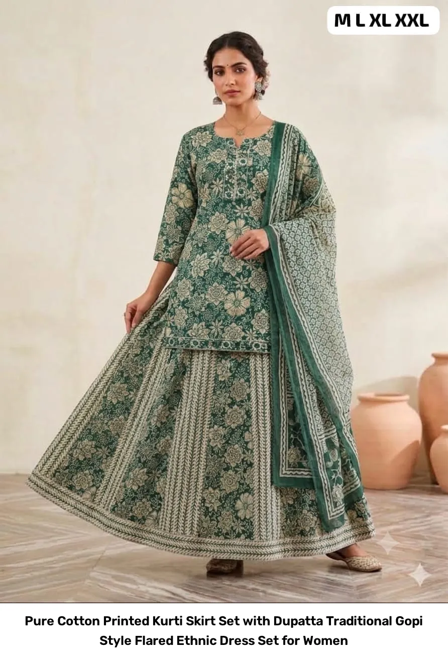 Pure Cotton Printed Kurti Skirt Set with Dupatta – Traditional Gopi Style Flared Ethnic Dress Set for Women 21