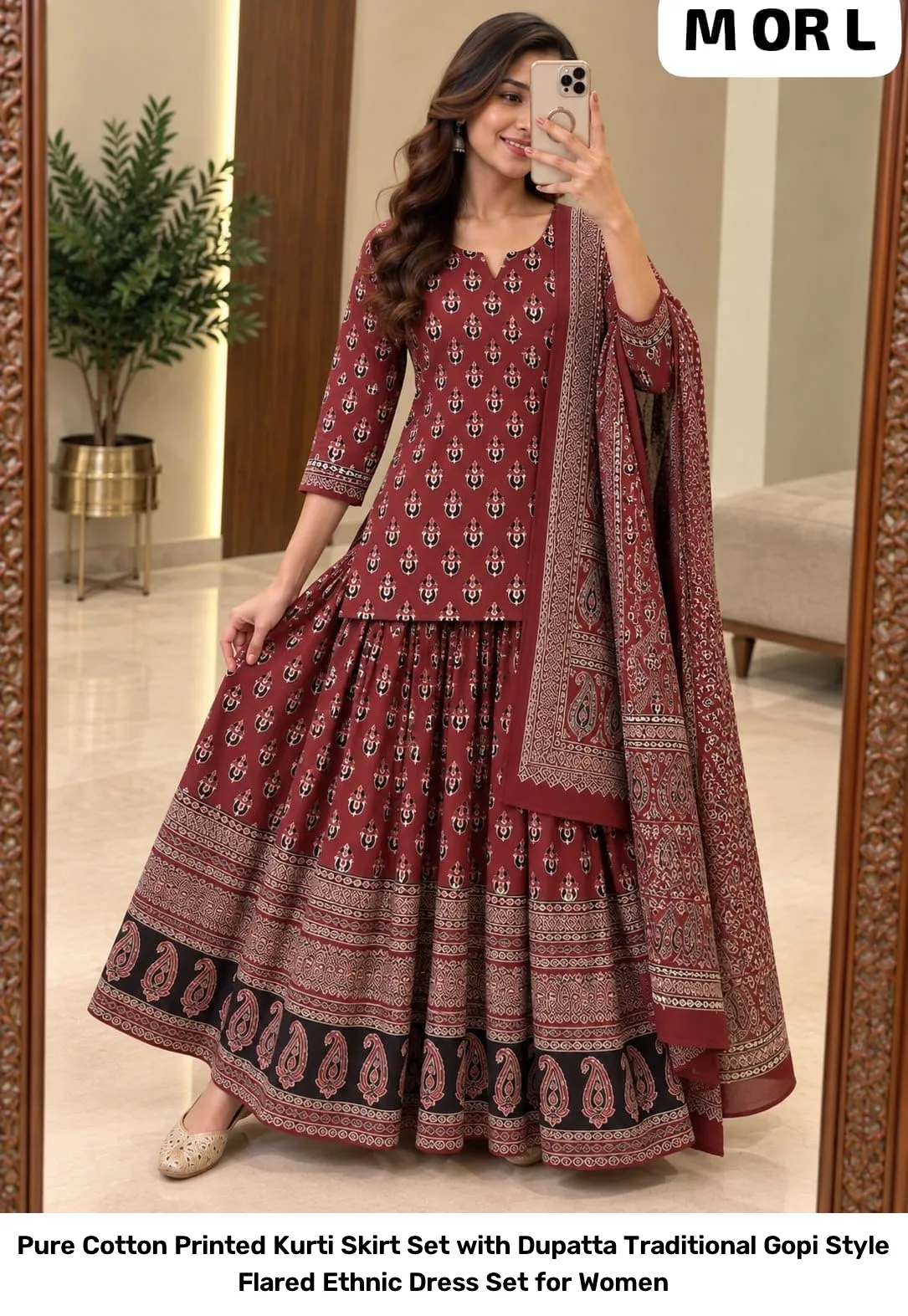 Pure Cotton Printed Kurti Skirt Set with Dupatta – Traditional Gopi Style Flared Ethnic Dress Set for Women 3
