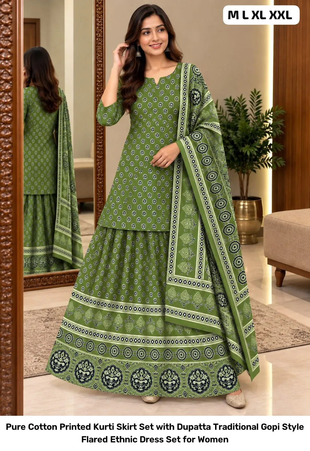 Pure Cotton Printed Kurti Skirt Set with Dupatta – Traditional Gopi Style Flared Ethnic Dress Set for Women 4