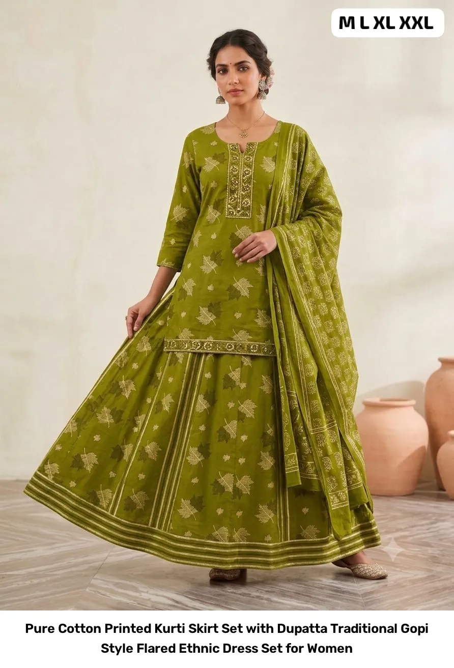 Pure Cotton Printed Kurti Skirt Set with Dupatta – Traditional Gopi Style Flared Ethnic Dress Set for Women 6