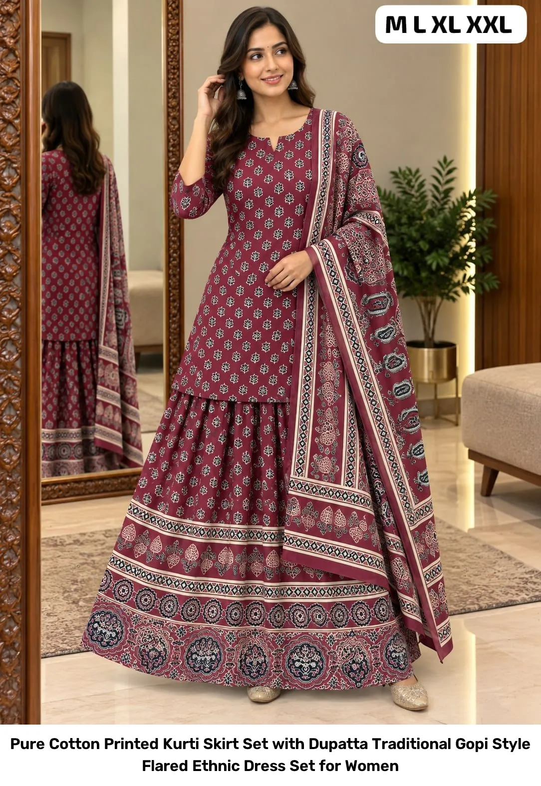 Pure Cotton Printed Kurti Skirt Set with Dupatta – Traditional Gopi Style Flared Ethnic Dress Set for Women 7