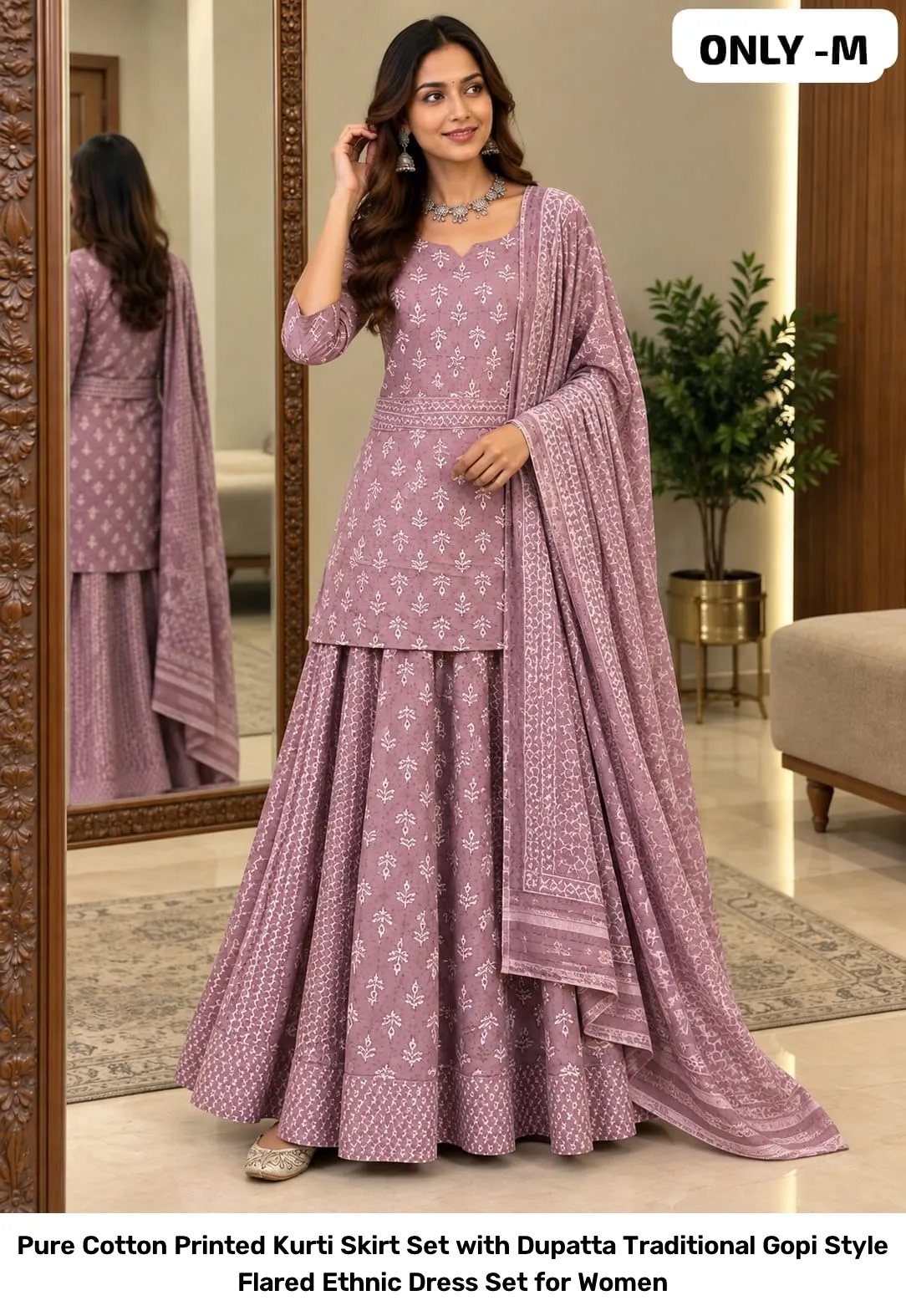 Pure Cotton Printed Kurti Skirt Set with Dupatta – Traditional Gopi Style Flared Ethnic Dress Set for Women 9