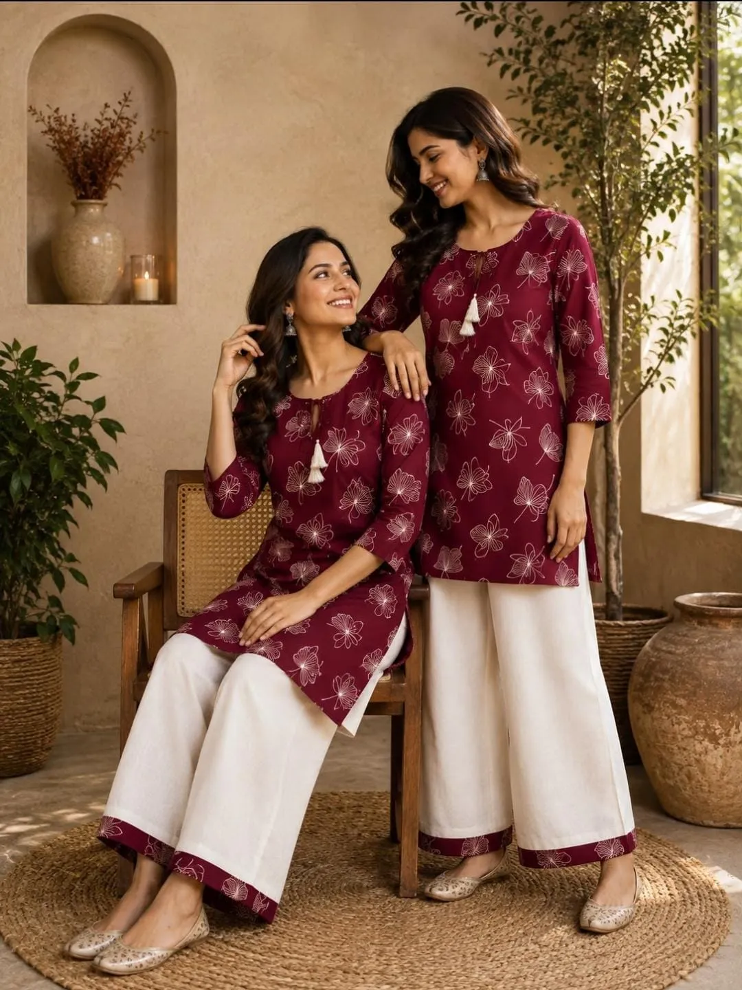 Pure Dabu Cotton Kurti with Palazzo Co-ord Set for Women | Floral Print Ethnic 2-Piece Tunic & Pant Suit (Sizes M–3XL)