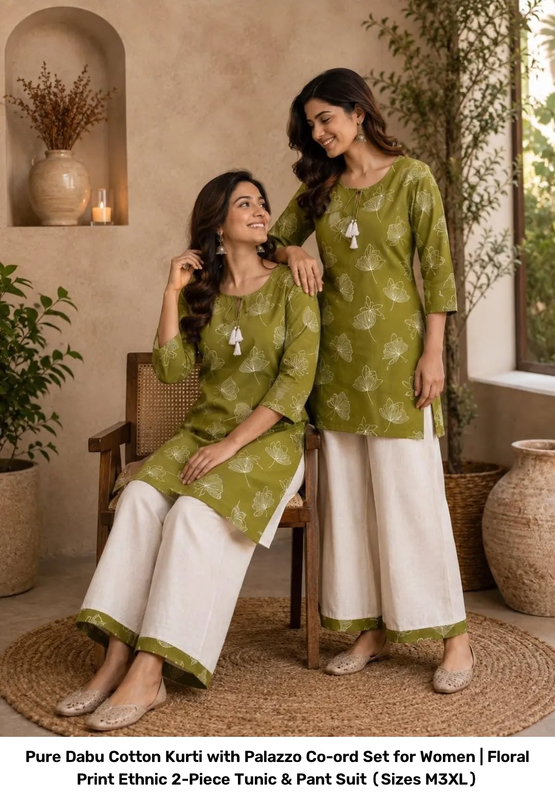 Pure Dabu Cotton Kurti with Palazzo Co-ord Set for Women | Floral Print Ethnic 2-Piece Tunic & Pant Suit (Sizes M–3XL) 4